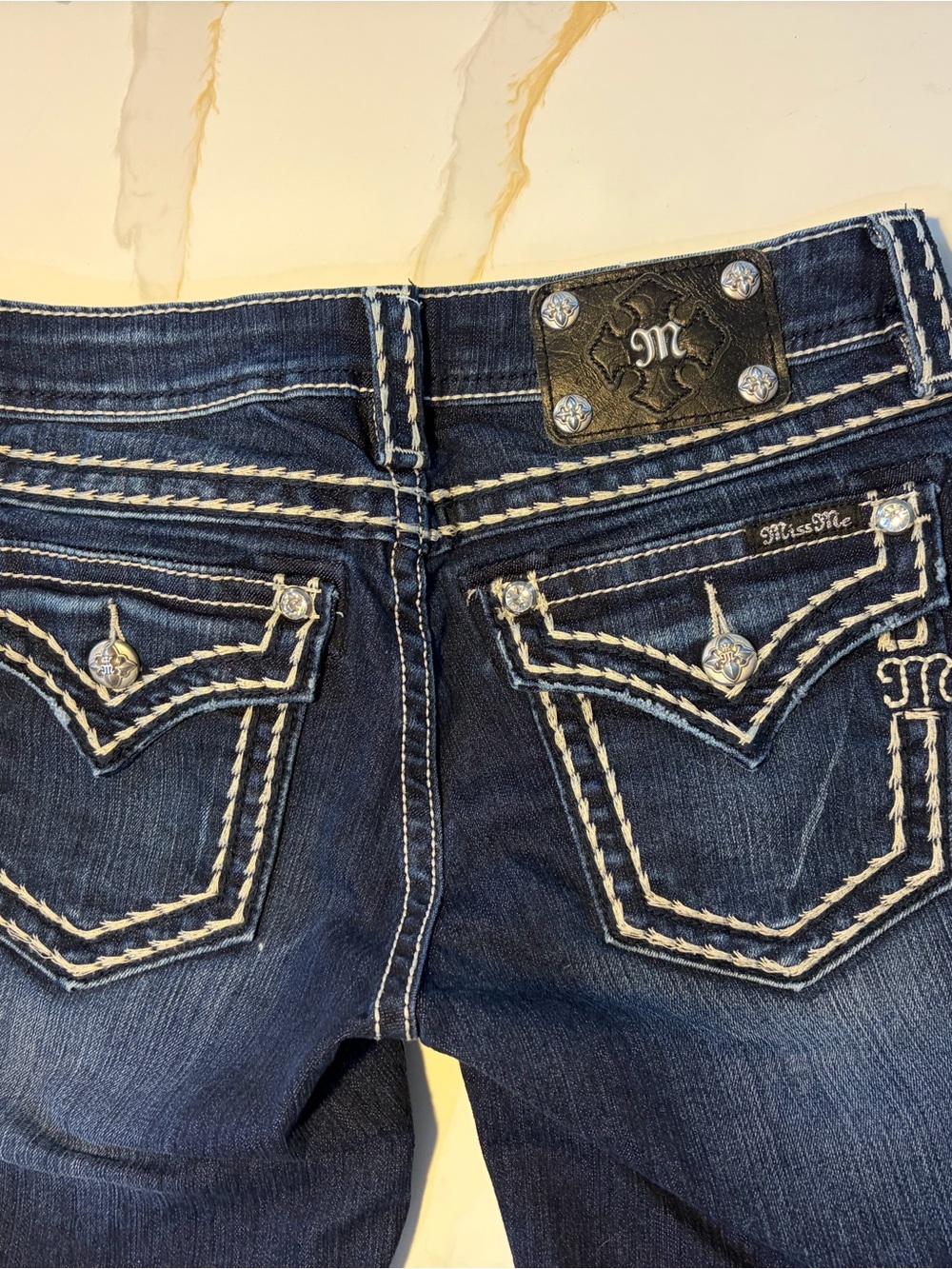 Miss Me Dark Blue Denim Bermuda Shorts with White Contrast Stitching - Picture 7 of 9